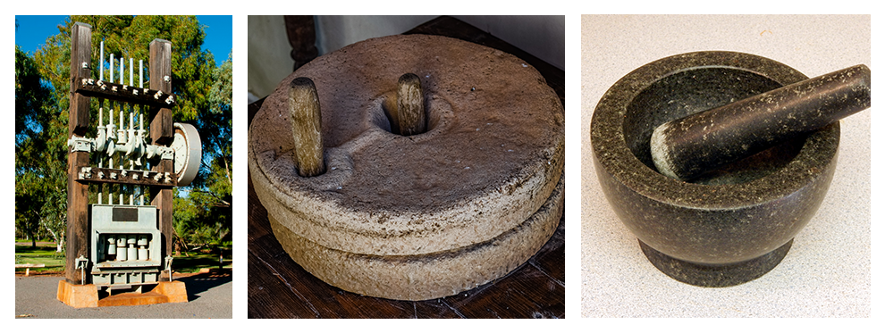 left：Stamp mill、center：Millstone、right：Mortar & Pestle