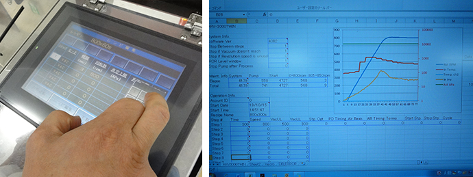 ARV-3000TWINの操作はタッチパネル。撹拌中の詳細なログデータがリアルタイムでモニタリングできます